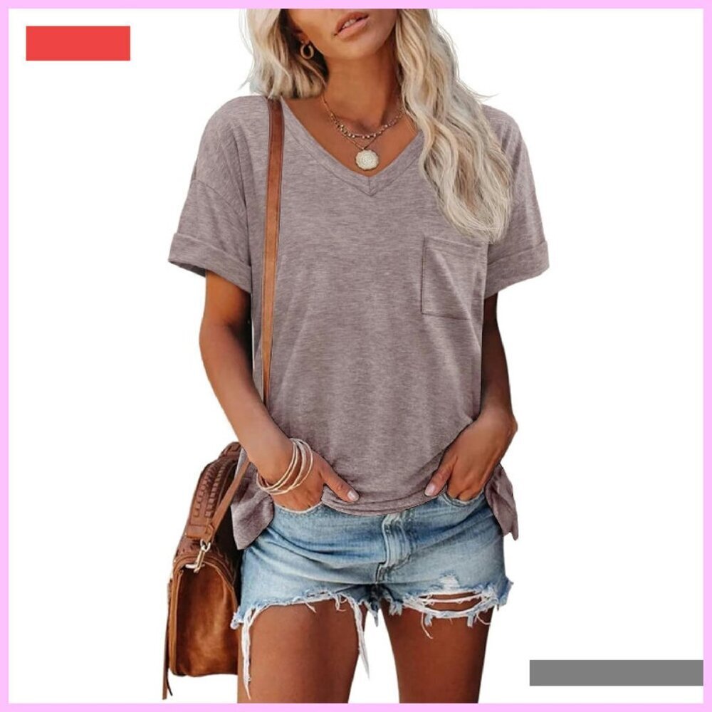 Women's V-Neck Short Sleeve Casual Tee Tops S-3XL Summer Beach